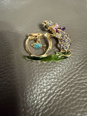 Gold-Tone Cat and Fish Brooch with Purple Crystals